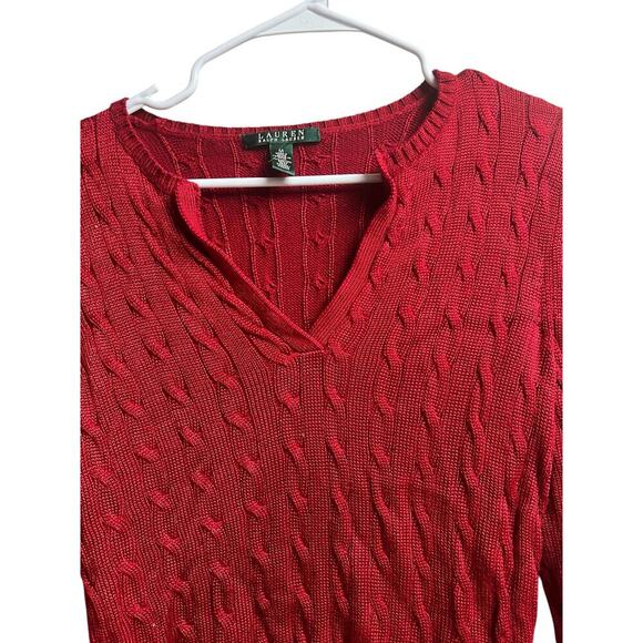 Lauren Ralph Lauren Cable Knit Sweater Medium Dark Red V-Neck - Picture 2 of 6